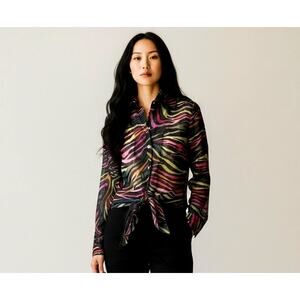 Vintage Farinaz Taghavi Zebra Print Sheer Tie Front Blouse Made In Canada Size 2